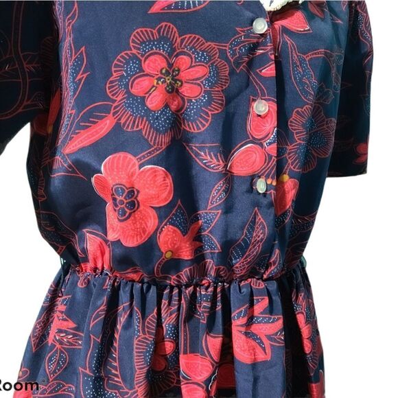 Vintage Secretary Geek Floral Navy Cherry Red Dress White Laced Collar Medium - Picture 5 of 12